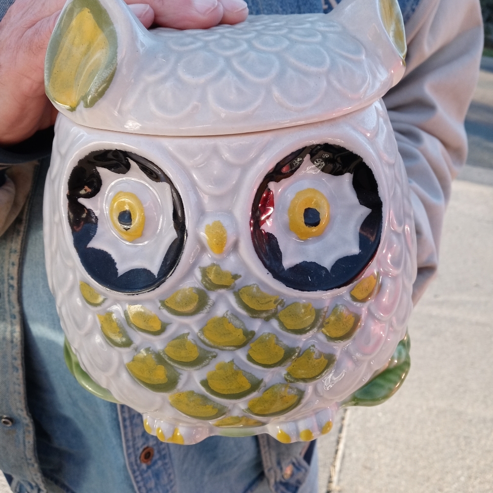 Vintage German Cookie Jar - Green accents over a white / cream exterior